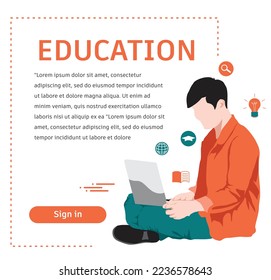 Various web and online Education , Knowledge and Library Icons. People Characters Reading Books. Girls and Boys with Open Books in Hands Studying in Library. 