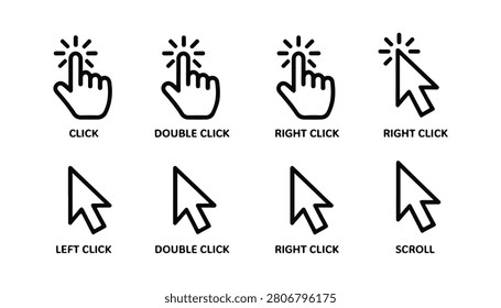 Various website navigation icons showing click double click right click scroll and left click action for design.