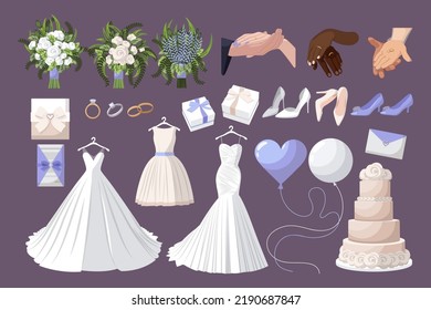 Various wedding accessories cartoon illustration set. Engagement rings on newlyweds fingers, brides dresses and bouquet, invitation card and festive cake. Marriage, party concept