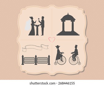 Various wedding invitations with bicycles, garden, flower, ribbon set for the wedding. groom gives the bride the flowers and they ride a bike.