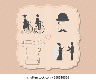 Various wedding invitations with bicycles set for the wedding. groom gives the bride a ring while others ride bikes. present ribbons for inscriptions.