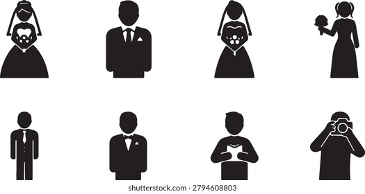 Various wedding related silhouettes including bridal gowns suits photography and rings.