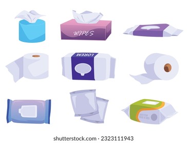 Various wet and dry wipes, toiletries set - flat vector illustration isolated on white background. Tissues and napkins packages. Personal hygiene collection. Toilet paper roll.