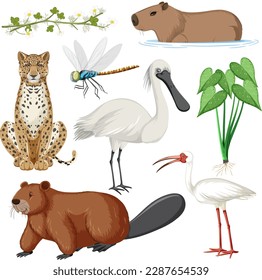 Diversas ilustraciones de la colección de animales de humedales