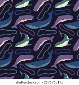 Various whales seamless pattern. Blue whale, sperm whale and abstract elements on a dark background. Vector illustration for fabric, poster, card, background, linen, cover, paper