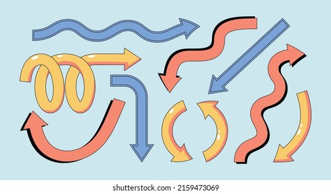 Various whimsical arrows set of colorful style. Abstract direction indicators for presentations and web. Geometric dynamic pattern for infographics. Vector illustration of retro drawing.