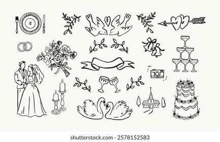 Various whimsical wedding elements. Hand drawn vector illustration. All elements are isolated.