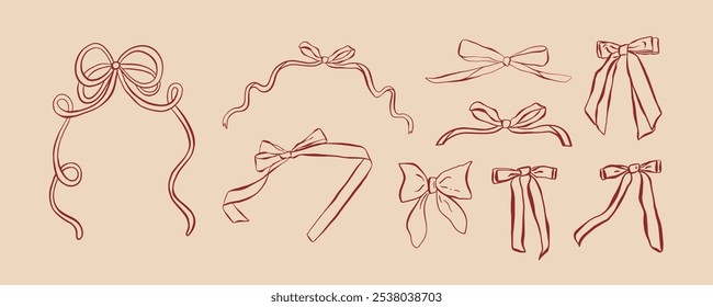 Various whimsy Christmas Bow knots elements, gift bows. Hand drawn trendy Vector illustration. Wedding celebration, holiday, party birthday decoration, gift, present concept.