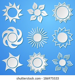 Various white abstract suns collection on blue background