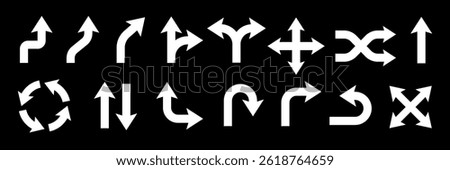 Various white arrow icons on a black background, showing different directions like up, down, left, right, curved, and circular paths. Element vector set.