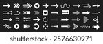 Various white arrows on a black background. Arrows pointing in different directions. Curved, straight, and zigzag arrows. Diverse arrow designs. Element vector set.