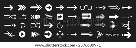 Various white arrows on a black background. Arrows pointing in different directions. Curved, straight, and zigzag arrows. Diverse arrow designs. Element vector set.