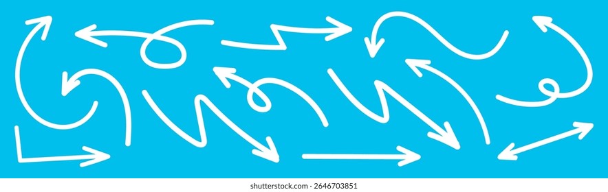 Várias setas brancas em um fundo azul. Setas curvas, setas retas e loops criam um padrão dinâmico. Setas apontando em direções diferentes. Conjunto de vetores de seta de rabiscar.