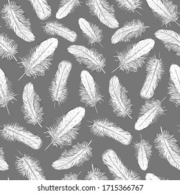 Varias aves blancas se nutren en un fondo gris. Conjunto de elementos individuales. Patrón vectorial sin problemas.