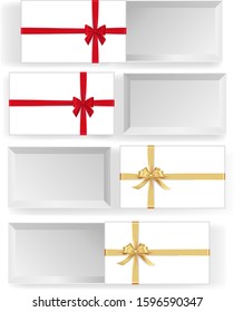 Various white boxes with red and golden ribbon bows mockup. Xmas and New Year container with silk tape decoration. Many realistic gift boxes isolated on white background vector illustration