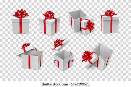 Various white boxes with red ribbon bows mockup. Any competition winner prize container with silk tape decoration. Many realistic gift boxes isolated on transparent background vector illustration
