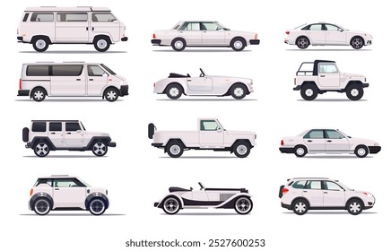 Various white cars in a set of side views. Vector illustration