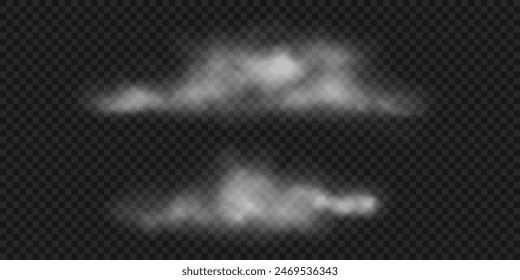 Various white clouds, fog or smoke on sky. Realistic vector illustration. Fluffy steam clouds isolated on transparent background