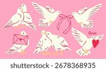 Various white Dove birds set. Flying pigeons with ribbon, heart. Hand drawn Vector illustration. Valentine