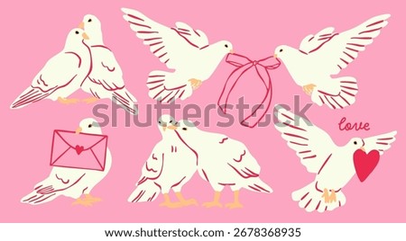 Various white Dove birds set. Flying pigeons with ribbon, heart. Hand drawn Vector illustration. Valentine's Day, love, romance concept. Print, greeting, postcard template. Isolated design elements