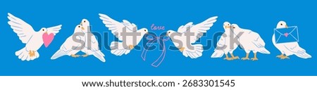 Various white Dove birds set. Pigeons with ribbon, heart, envelope. Hand drawn Vector illustration. Valentine's Day, love, romance concept. Print, greeting, postcard template. Isolated design elements