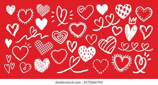 Various white heart doodles on a red background. Heart shapes, heart patterns, and heart designs fill the image. Love and heart-themed illustration. Cute hand drawn Valentine's Day vector set.