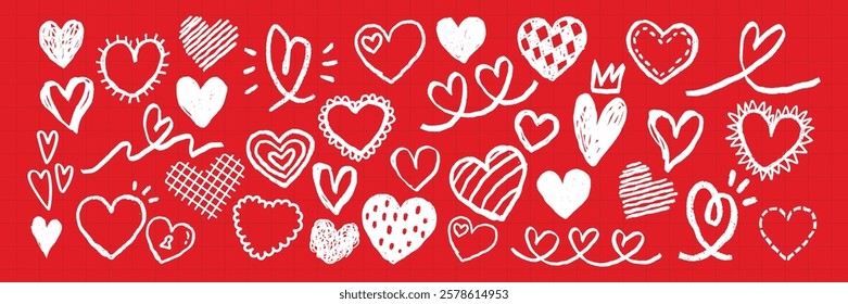 Various white heart doodles on a red background. Hearts in different styles, sizes, and patterns. Playful heart designs create a lively, romantic feel. Cute hand drawn Valentine's Day vector set.