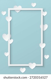 Varios corazones blancos alrededor de la Vertical blanca marco de papel estilo de corte sobre fondo azul claro ilustración gráfica. Feliz día de San Valentín tarjeta de felicitación Vertical Plantilla.