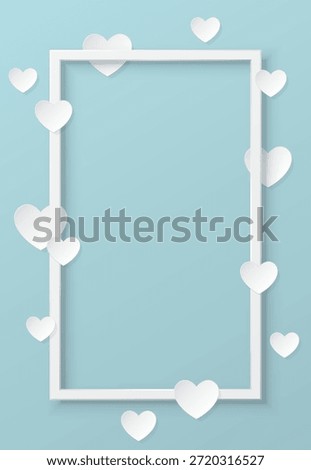 Various white hearts around white vertical frame paper cut style on light blue background graphic illustration. Happy Valentine's day greeting card vertical template.