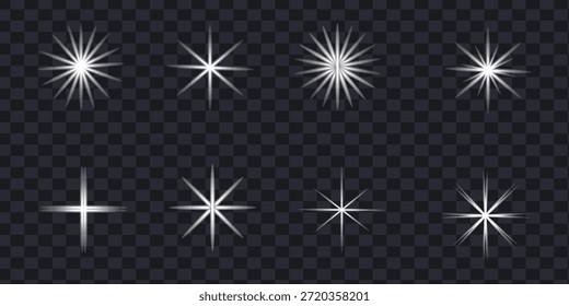 Vários efeitos de luz branca e explosões de estrela no fundo transparente. Flare de lente, efeito de brilho de luz, sol, estrela brilhante realista. bokeh brilho e cintilações ou símbolo de cintilações. ilustração vetorial.