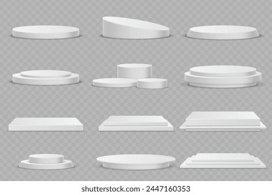 Various white podiums in different shapes on a transparent background