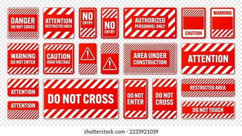 Various white and red warning signs with diagonal lines. Attention, danger or caution sign, construction site signage. Realistic notice signboard, warning banner, road shield. Vector illustration