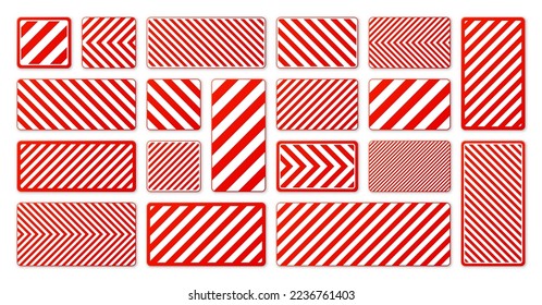 Various white and red warning signs with diagonal lines. Attention, danger or caution sign, construction site signage. Realistic notice signboard, warning banner, road shield. Vector illustration