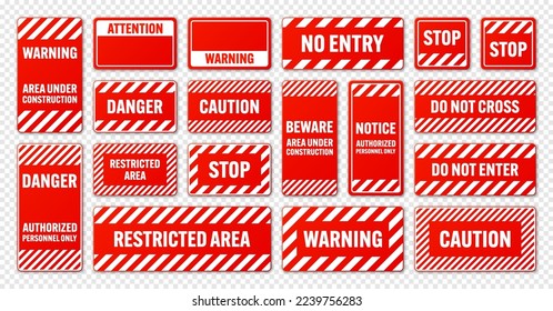 Various white and red warning signs with diagonal lines. Attention, danger or caution sign, construction site signage. Realistic notice signboard, warning banner, road shield. Vector illustration