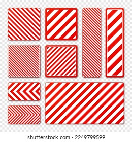 Various white and red warning signs with diagonal lines. Attention, danger or caution sign, construction site signage. Realistic notice signboard, warning banner, road shield. Vector illustration