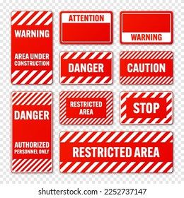 Various white and red warning signs with diagonal lines. Attention, danger or caution sign, construction site signage. Realistic notice signboard, warning banner, road shield. Vector illustration