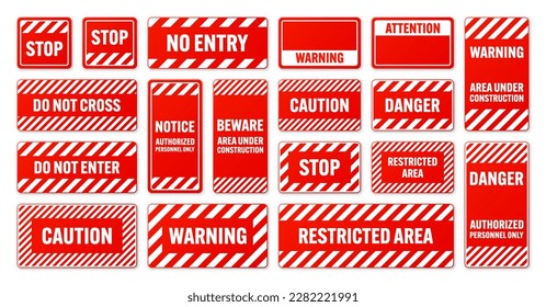 Various white and red warning signs with diagonal lines. Attention, danger or caution sign, construction site signage. Realistic notice signboard, warning banner, road shield. Vector illustration