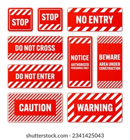 Various white and red warning signs with diagonal lines. Attention, danger or caution sign, construction site signage. Realistic notice signboard, warning banner, road shield. Vector illustration