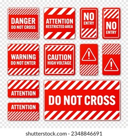 Various white and red warning signs with diagonal lines. Attention, danger or caution sign, construction site signage. Realistic notice signboard, warning banner, road shield. Vector illustration