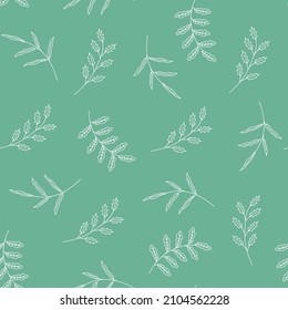 various white silhouettes of twigs and plants on a green background. vector seamless pattern. design element
