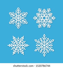 Various white snowflake icons set isolated on blue background. Snow elements for Happy New Year and Merry Christmas holidays greeting card decoration. Elegant and simple design vector illustration.