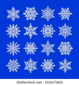 Various white snowflake icons set isolated on blue background. Snow elements for Happy New Year and Merry Christmas holidays greeting card decoration. Elegant and simple design vector illustration.
