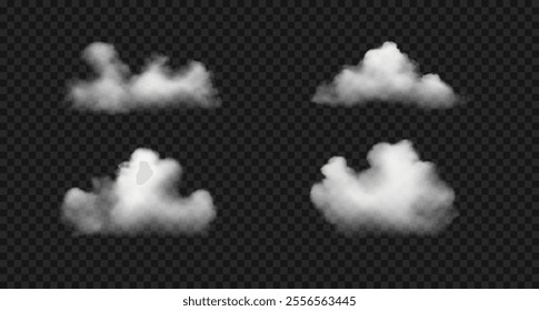 Various white vector realistic clouds, fog or smoke. Set of fluffy steam clouds isolated on transparent background