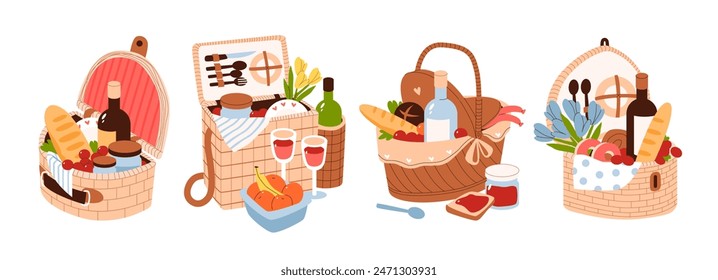 Various wicker picnic baskets with food set. Outdoor recreation. Hamper with food and drinks