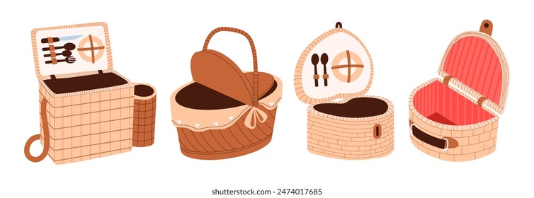 Various wicker picnic baskets. Outdoor recreation. Hamper set 