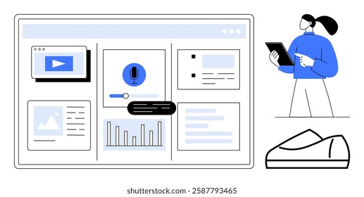 Various widgets on a screen include video, microphone, and chart, while a person stands with a tablet. Ideal for digital content creation, project management, analytics, web development, software UI