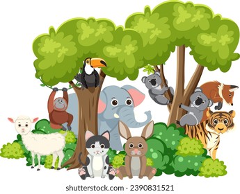 Various wild animals coexisting harmoniously beneath a tree