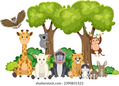 Various wild animals coexisting harmoniously beneath a tree