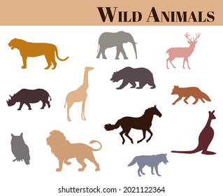 Various wild animals vector icon set in different colors on white background