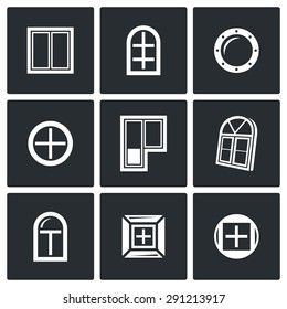 Various window icons set. Vector Illustration. 
Isolated Flat Icons collection on a black background for design